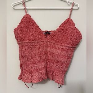 Zara red gingham Smocked V-Neck Cami crop Top